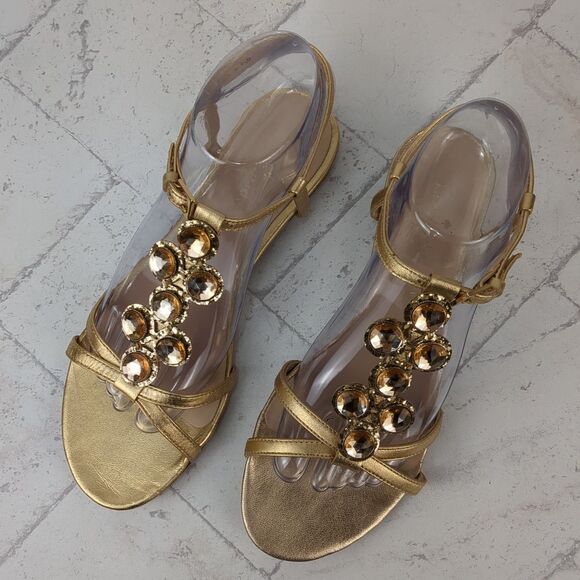 KATE SPADE Gold Metallic Stacey Flat Sandals Rhinestone Strappy Size 8.5 M - Picture 4 of 15